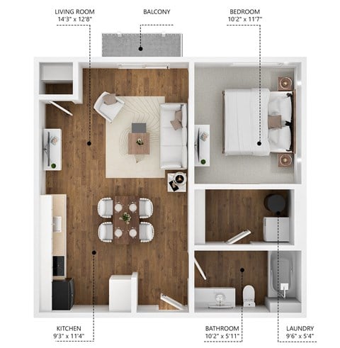 Floor plan for 1 bed, 1 bath, 622 sqft